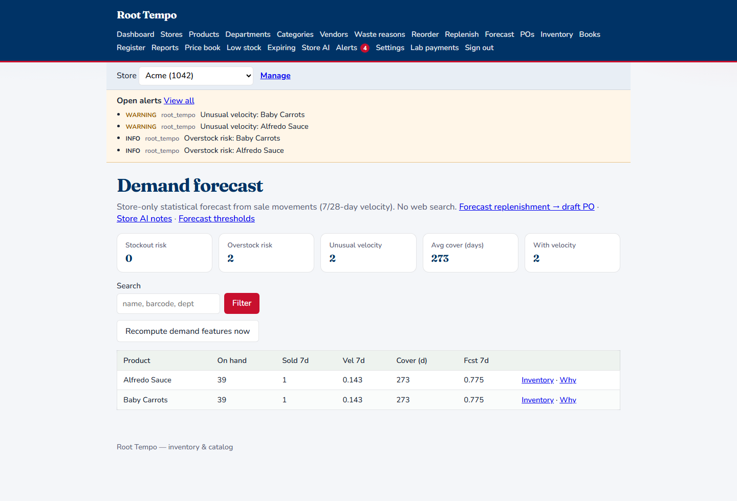 Demand forecast for the grocery door with stockout, overstock, unusual velocity, and days of cover for Alfredo Sauce and Baby Carrots.